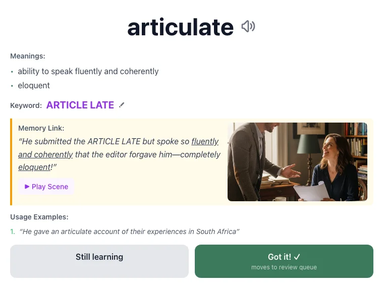 Articulate - meaning and memory mnemonic