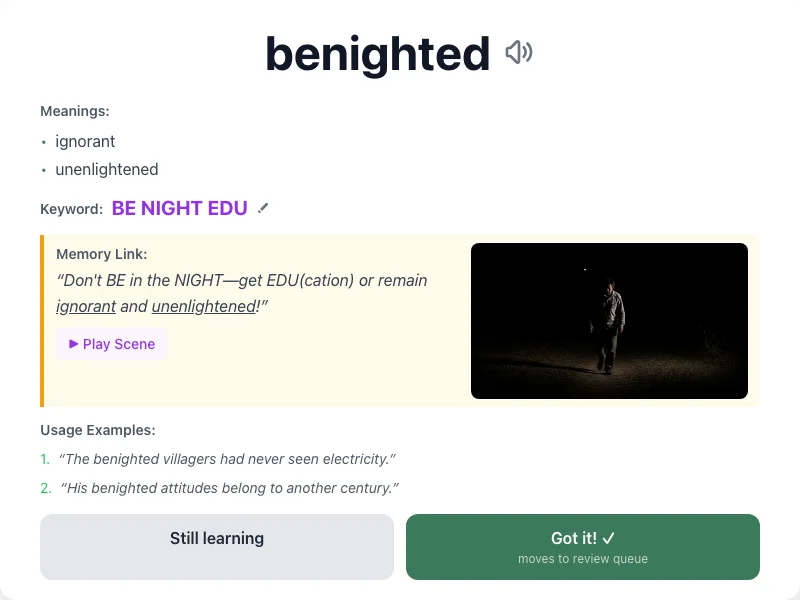 Benighted - meaning and memory mnemonic
