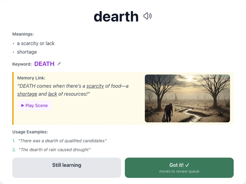 Dearth - meaning and memory mnemonic