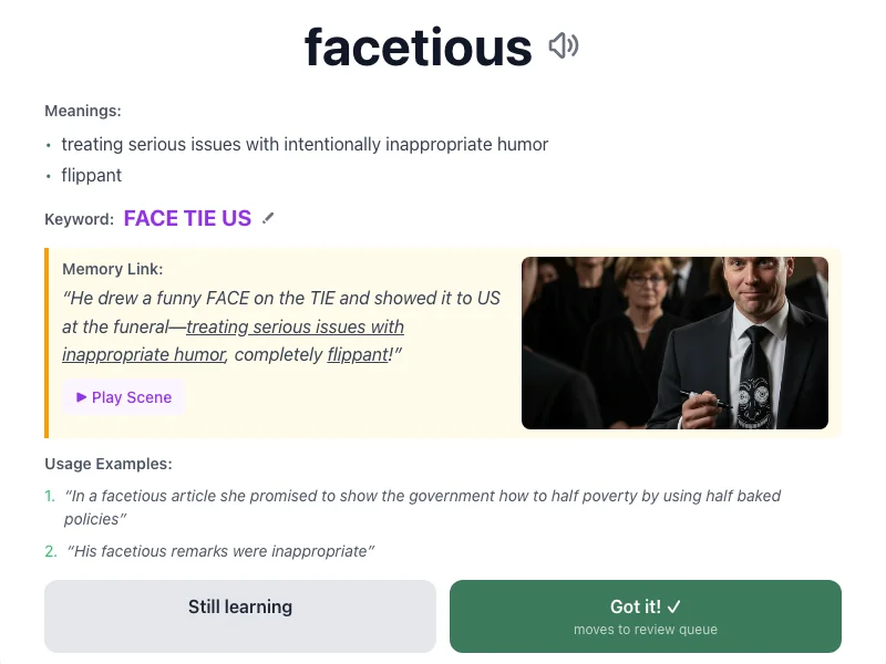 Facetious - meaning and memory mnemonic