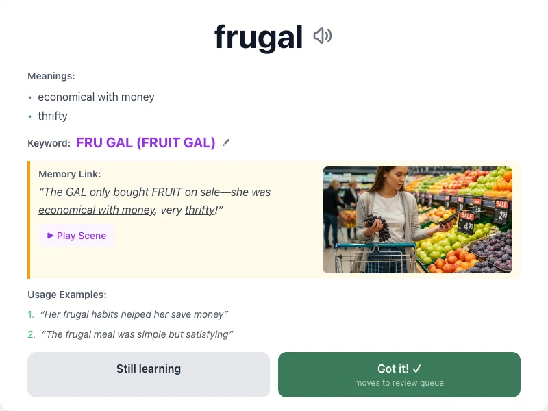 Frugal - meaning and memory mnemonic