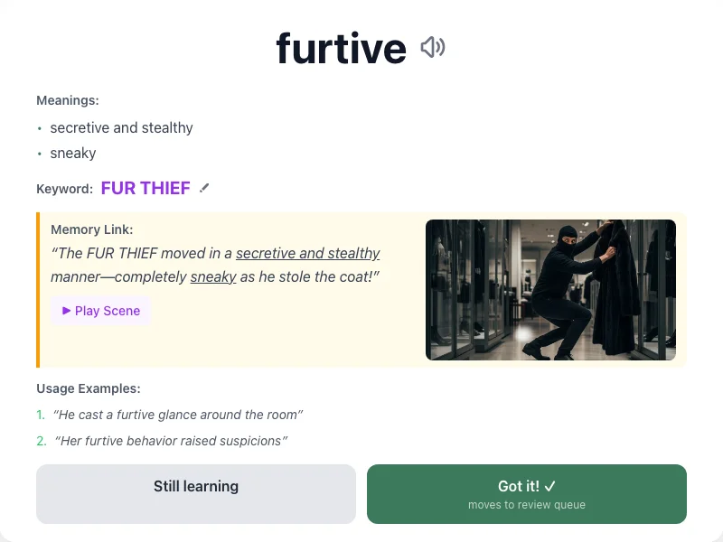 Furtive - meaning and memory mnemonic