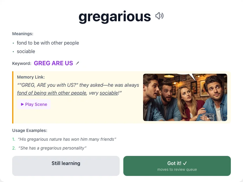 Gregarious - meaning and memory mnemonic