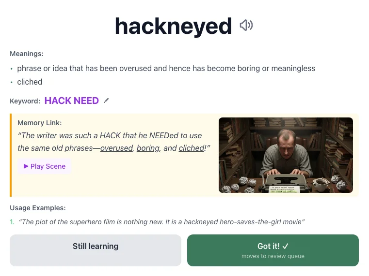 Hackneyed - meaning and memory mnemonic