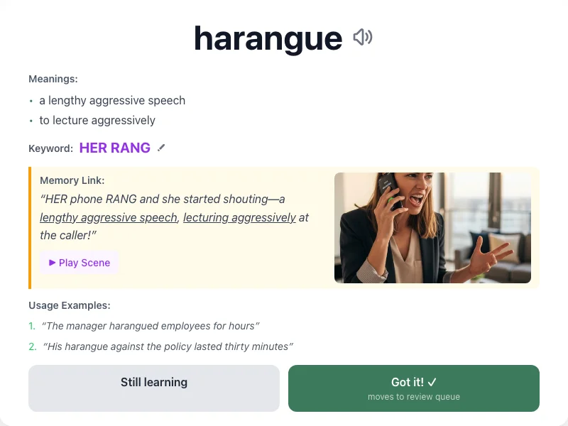 Harangue - meaning and memory mnemonic