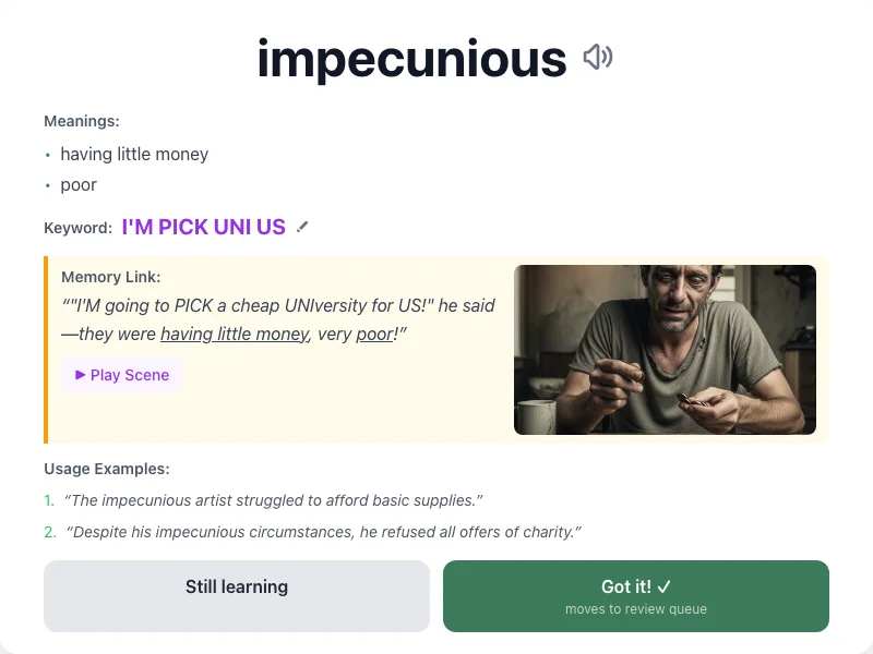 Impecunious - meaning and memory mnemonic