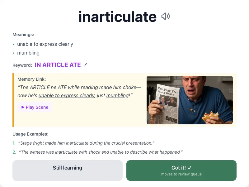 inarticulate - meaning and memory mnemonic
