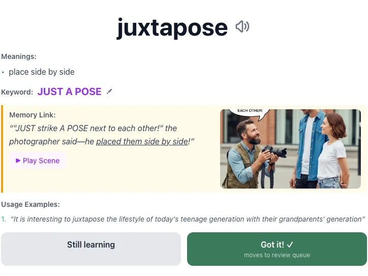 Juxtapose - meaning and memory mnemonic