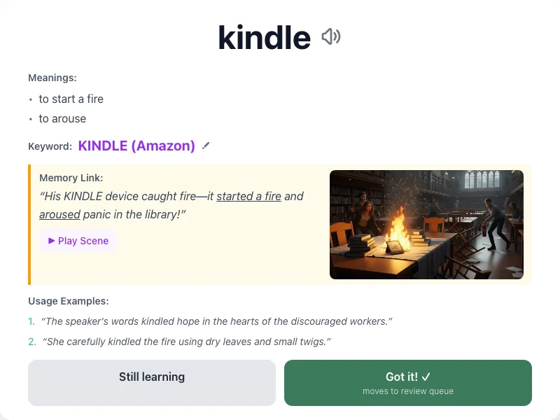 Kindle - meaning and memory mnemonic