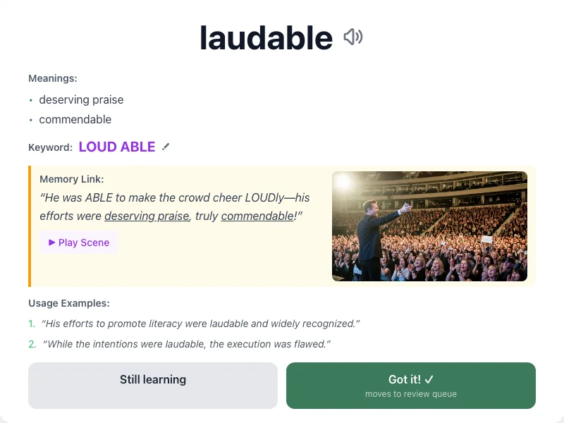 Laudable - meaning and memory mnemonic