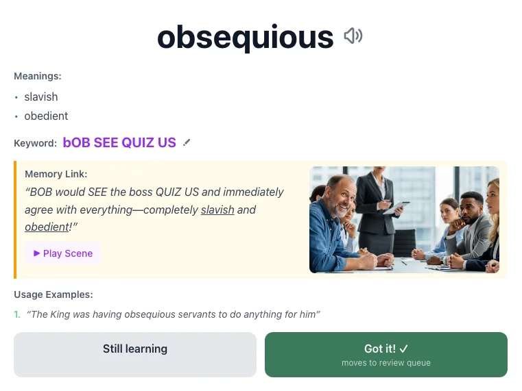Obsequious - meaning and memory mnemonic