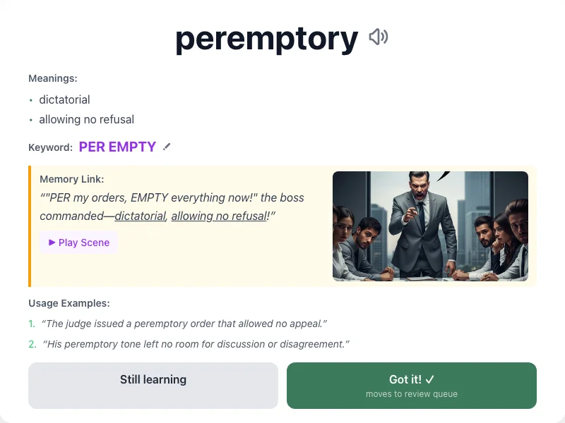 Peremptory - meaning and memory mnemonic