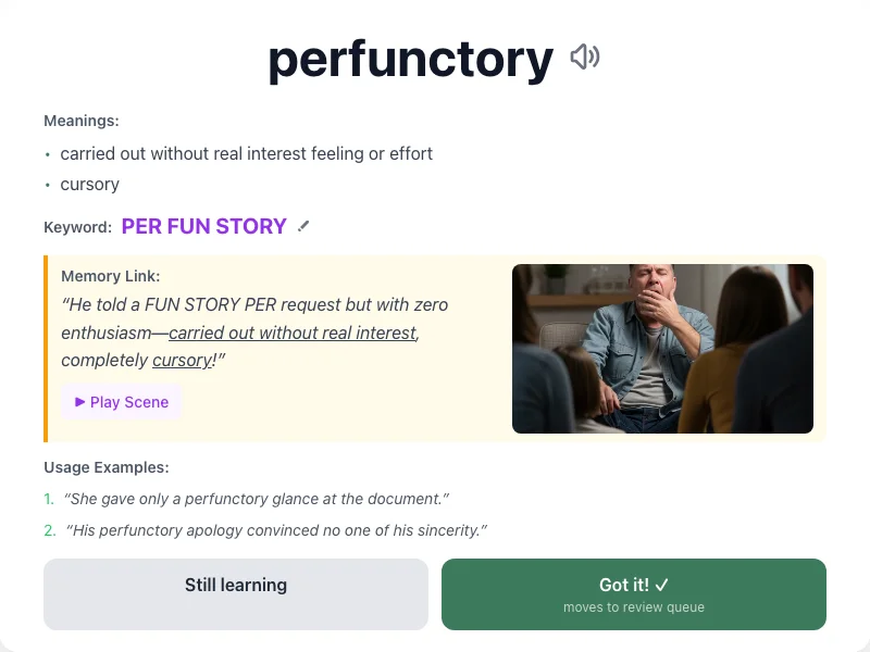 Perfunctory - meaning and memory mnemonic