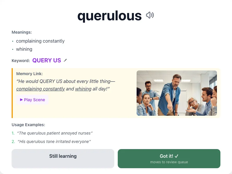 Querulous - meaning and memory mnemonic