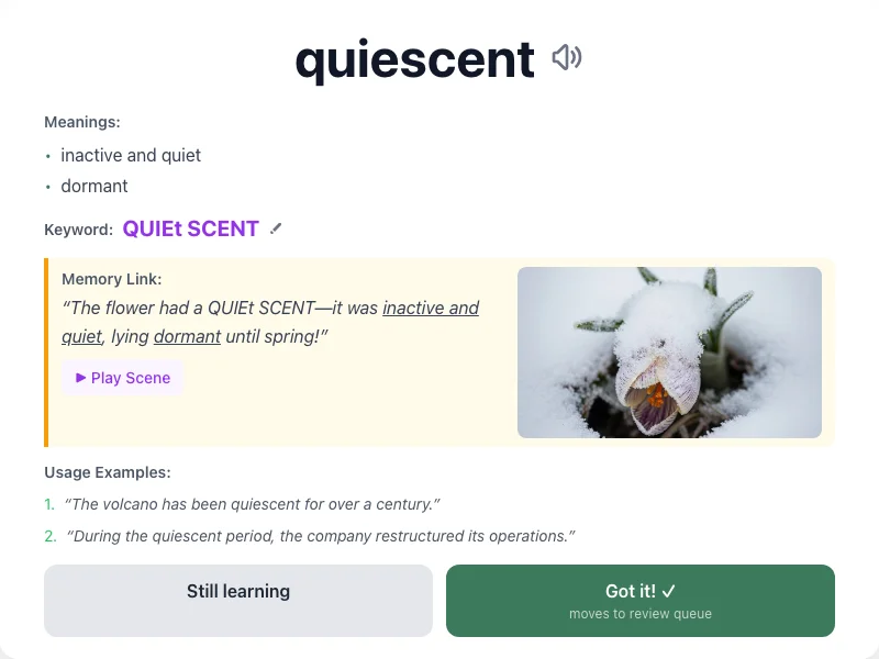 Quiescent - meaning and memory mnemonic