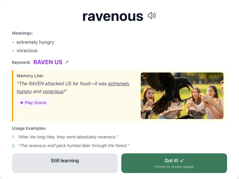 Ravenous - meaning and memory mnemonic