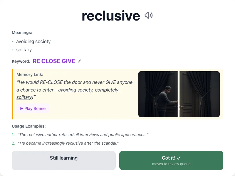 Reclusive - meaning and memory mnemonic