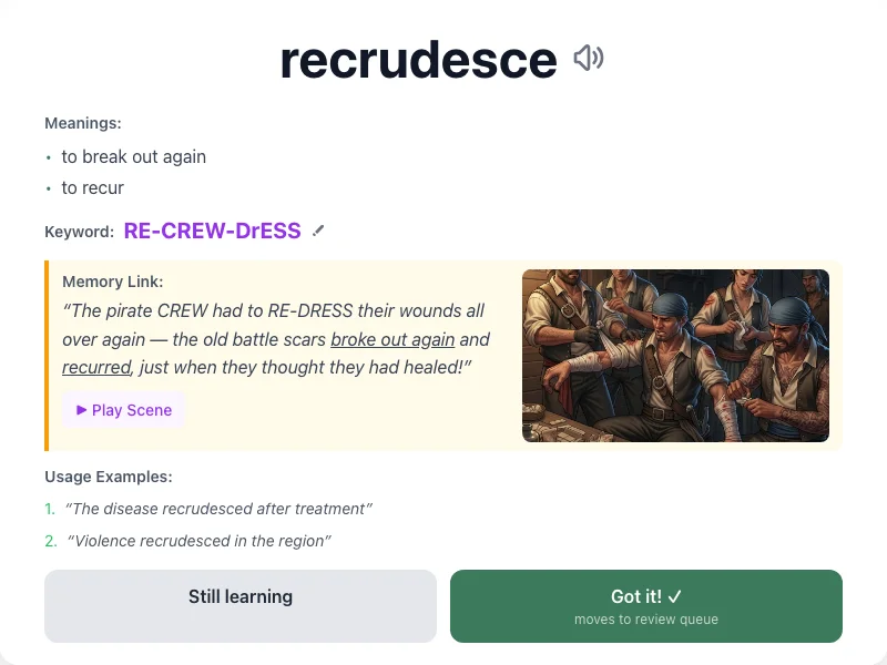 Recrudesce - meaning and memory mnemonic