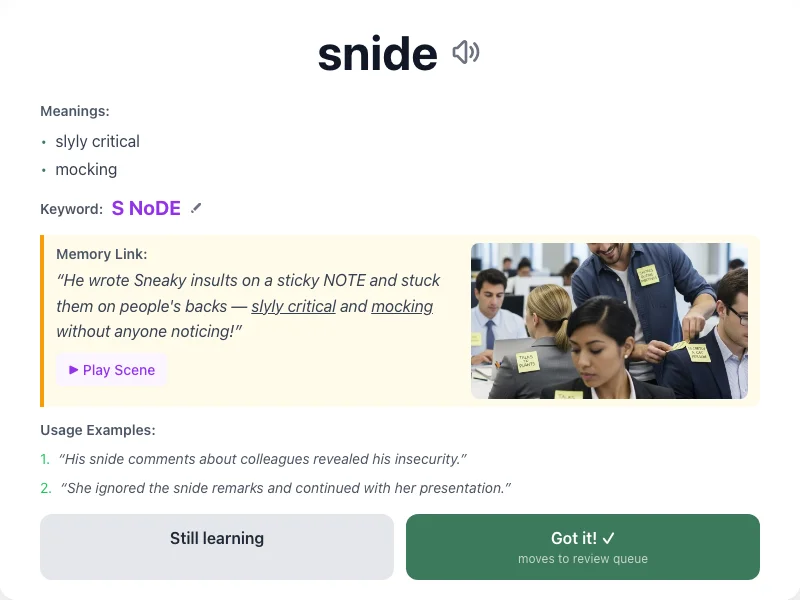 Snide - meaning and memory mnemonic