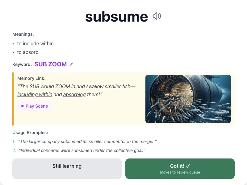 Subsume - meaning and memory mnemonic