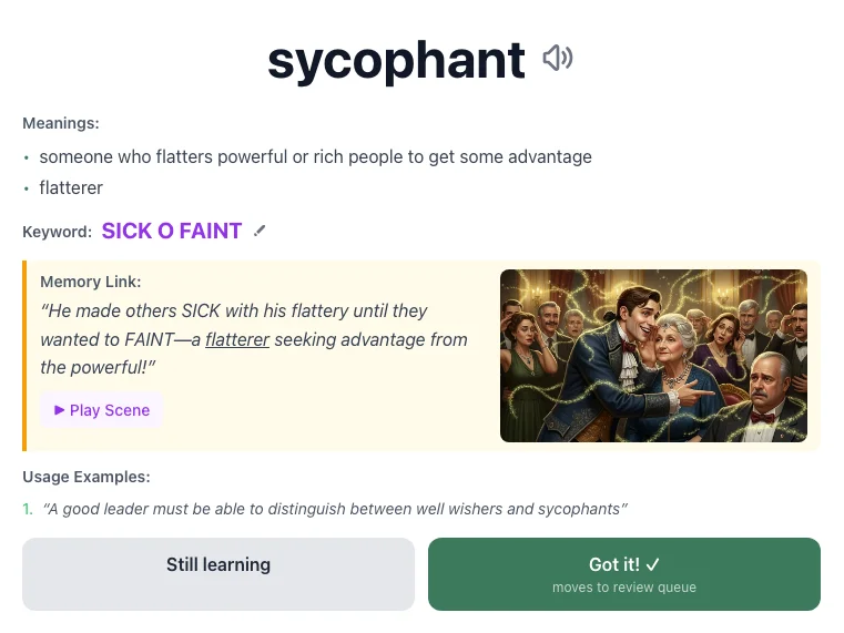 Sycophant - meaning and memory mnemonic