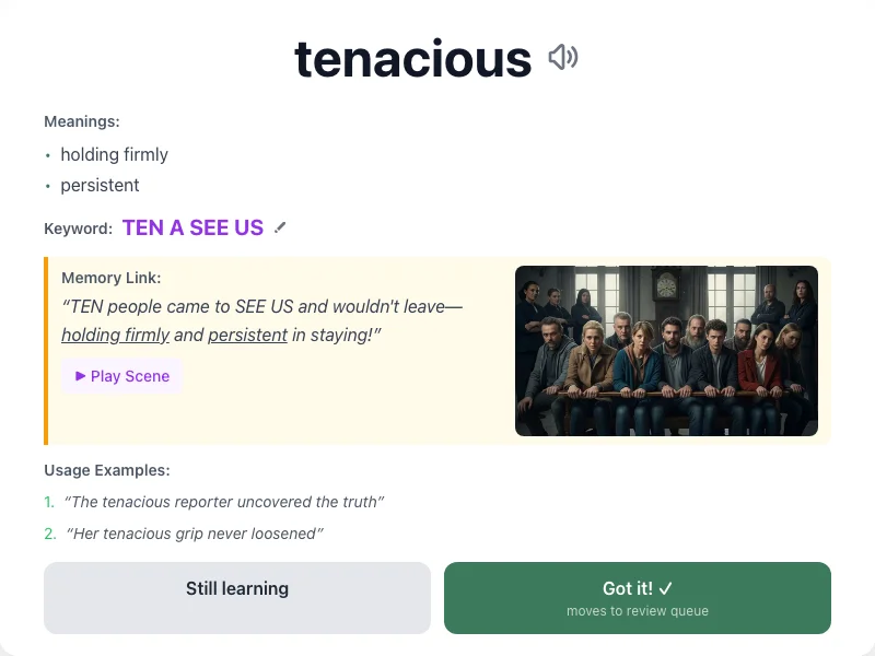 Tenacious - meaning and memory mnemonic