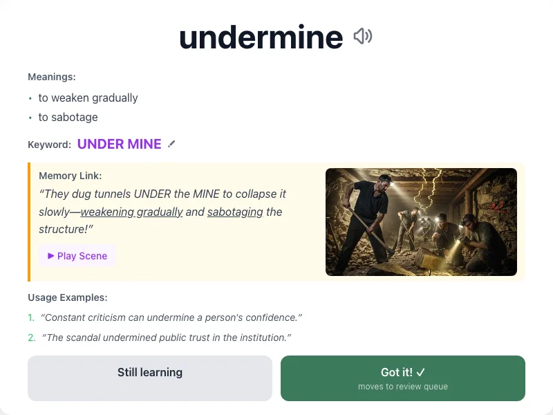 Undermine - meaning and memory mnemonic