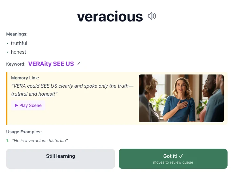 Veracious - meaning and memory mnemonic