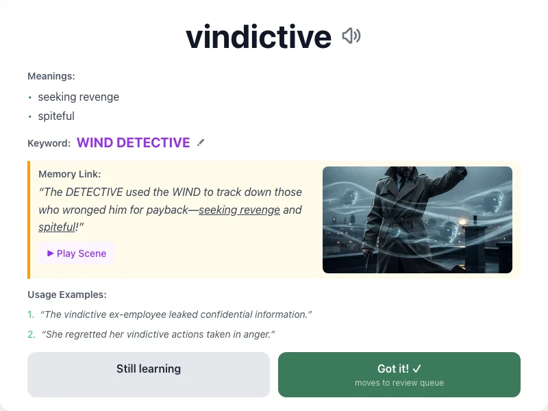 Vindictive - meaning and memory mnemonic