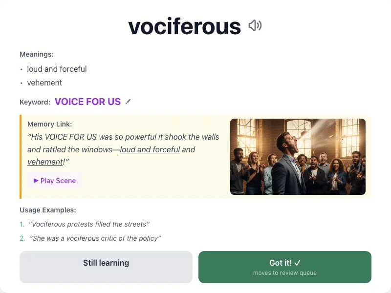 Vociferous - meaning and memory mnemonic