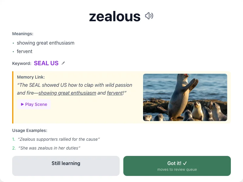 Zealous - meaning and memory mnemonic
